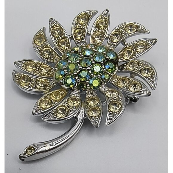 Vintage Sarah Coventry Silver-Tone Floral Brooch With Yellow & Green Rhinestone - Picture 1 of 4